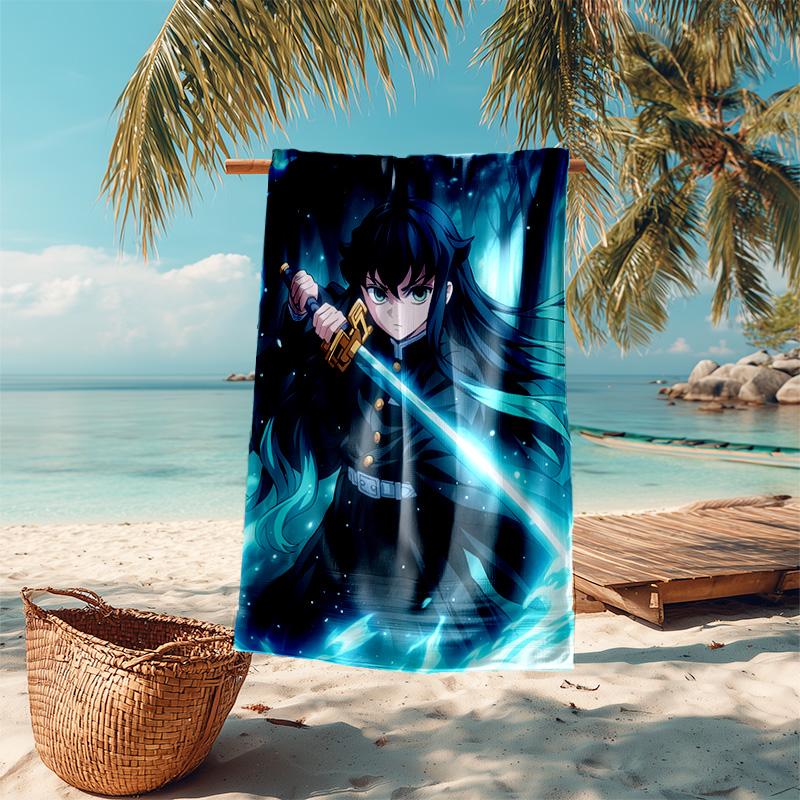 proof beach towel with Nezuko Demon Slayer Muichiro Tokito pattern - soft,absorbent,quick-drying,machine washable - perfect for swimming,camping,bathi