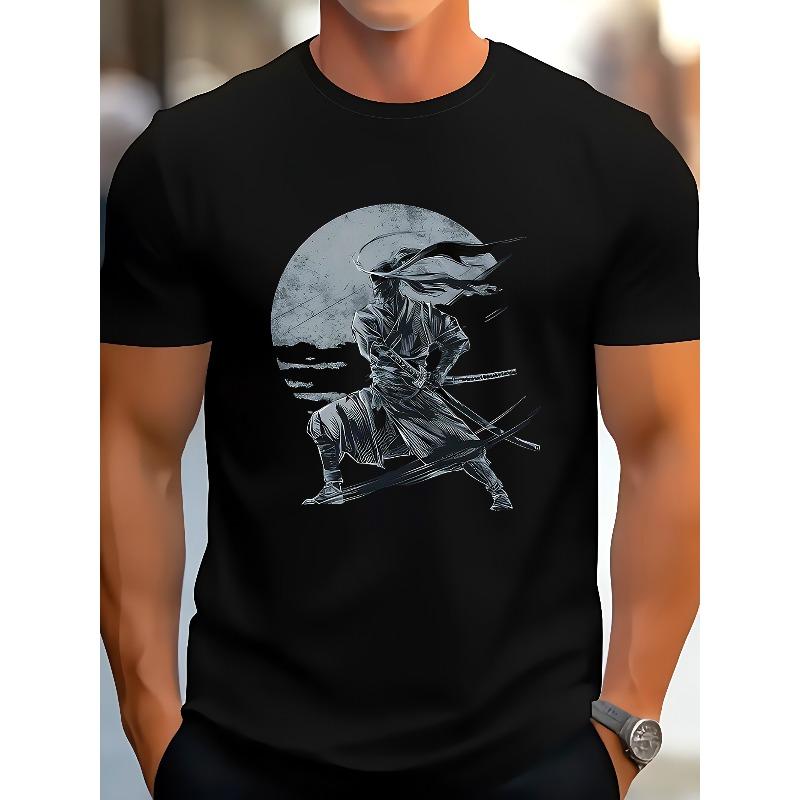 Men s Samurai Warrior Katana Print T-Shirt - Anime & Manga Style Black Short Sleeve Tee with Kanji-Inspired Text & Katana Design, All-Season S