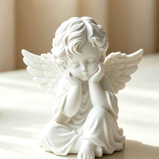 Holding Chin Angel Statue 3D Printed Retro Figurine, Guardian Statue, Winged Figurine Matte White Sculpture for Home Office Desk Decor
