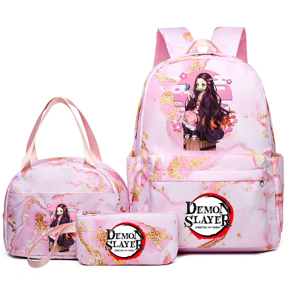 3Pcs/set Demon Slayer Printed Backpack Handbag Pencil Case for Teenager Student Girl Boy Bookbag Schoolbag Women Large Capacity Waterproof Travel Bag