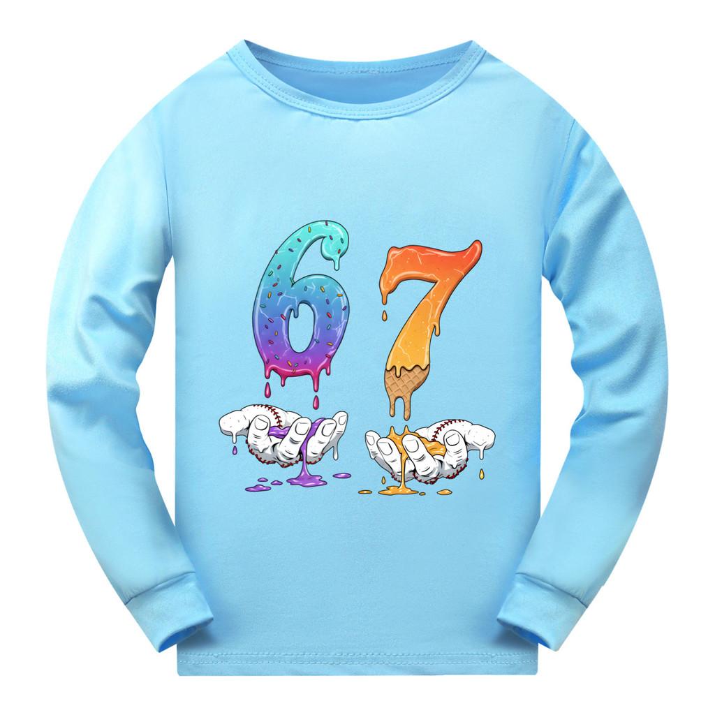 5231 Kinder Jungen Mädchen Steal a Brainrot 67 Sechs Sieben Aufdruck Langarm T-Shirt