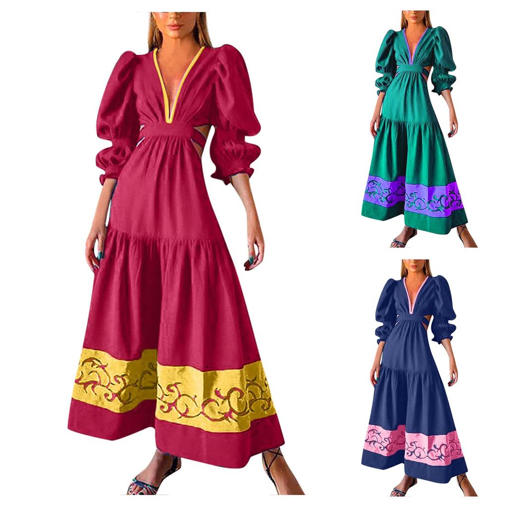 Women's Fashion Sexy Long Print V-Neck Long Sleeves Puff Sleeve Dress