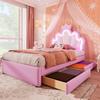 Cama Estofada, 90 x 200 cm, Sem Colchão, Luz Controlada por Controle Remoto, com 2 Gavetas, Formato de Princesa com Coroa, Cabeceira Ajustável, PU, Rosa