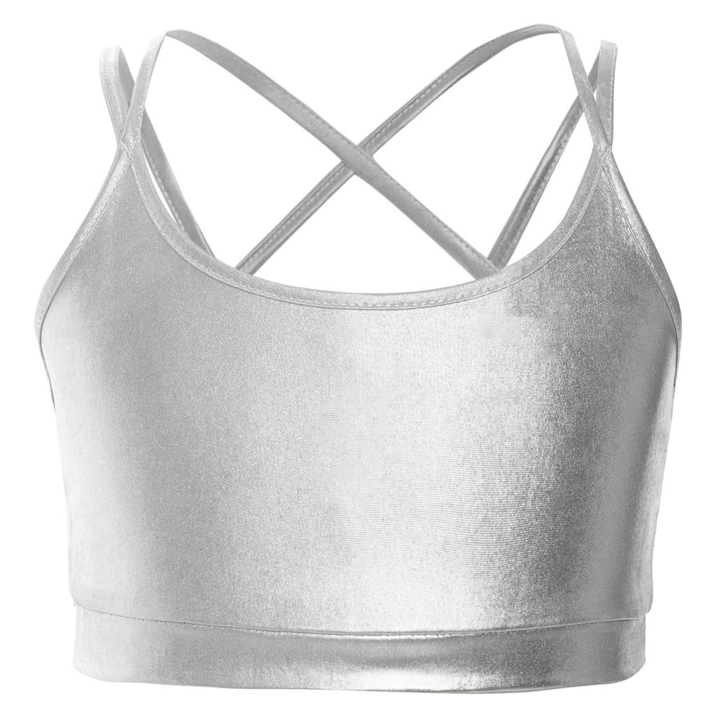 Girls Gymnastics Dance Camisole Crisscross Strappy Back Metallic Crop Top