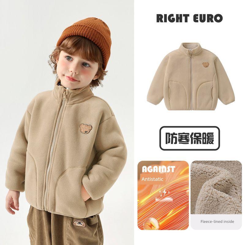 Right European Style Boys' Bear Collar Jacket with Fleece Lining, Thickened, Anti-Static, New Winter Children's Clothing Top, Trendy