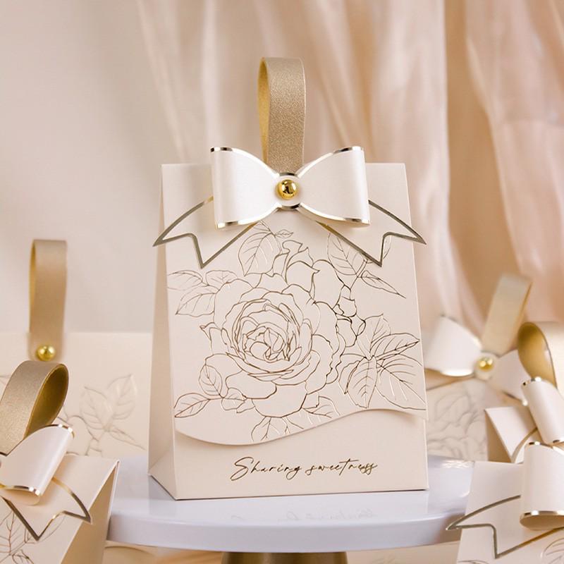 2025 Creamy White Retro French Handbag with Champagne Bow Textured Design - Wedding Candy Box