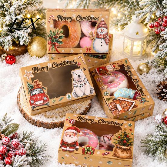 Decorative Bakery Boxes 6Pcs Christmas Paper Gift Boxes, Xmas Color Printed Foldable Cookie Treat for Kids Holiday Packaging Desserts, Candies,