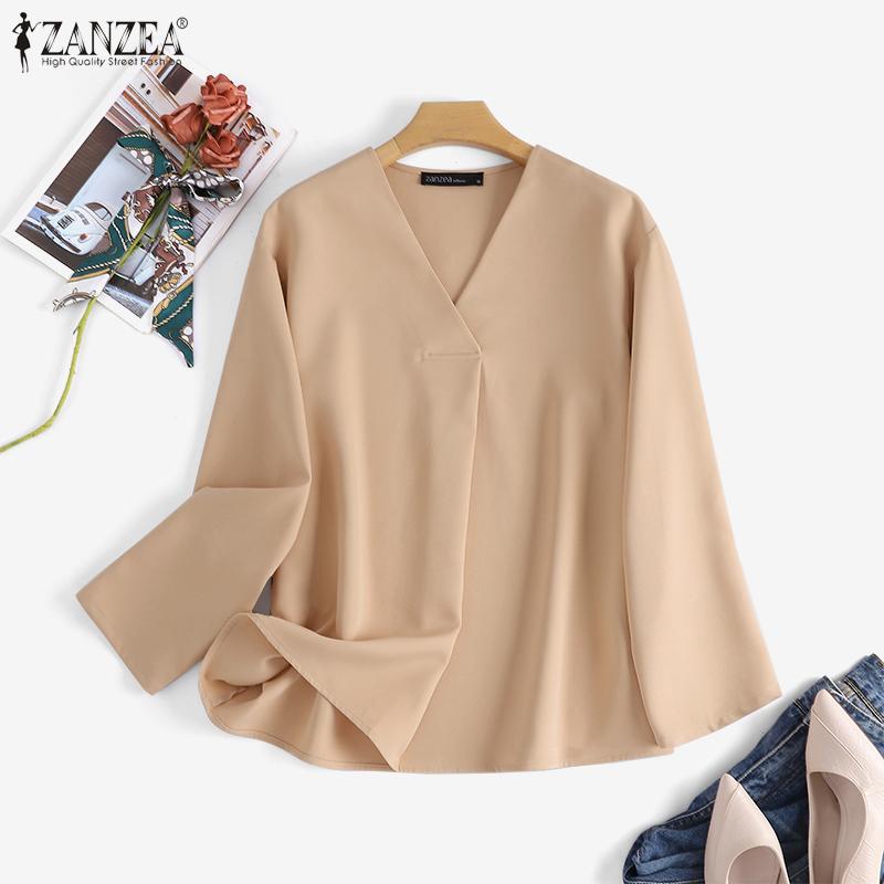 

ZANZEA Женская повседневная блузка с v-образным вырезом и длинными рукавами