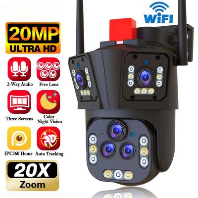 10K UHD-20X optischer Zoom WLAN-Überwachungskamera für den Außenbereich Smart Home Wasserdicht AI Auto Tracking PTZ Fünf-Objektive Drei-Bildschirm-IP-CCTV