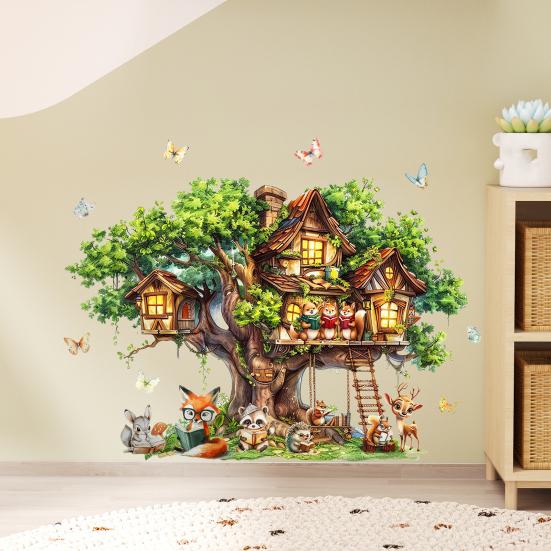 Tree House Animal Wall Sticker Self-adhesive Waterproof PVC Spring Forest Treehouse Sticker Home Office Living Room Bedroom Wall Decoration Decal