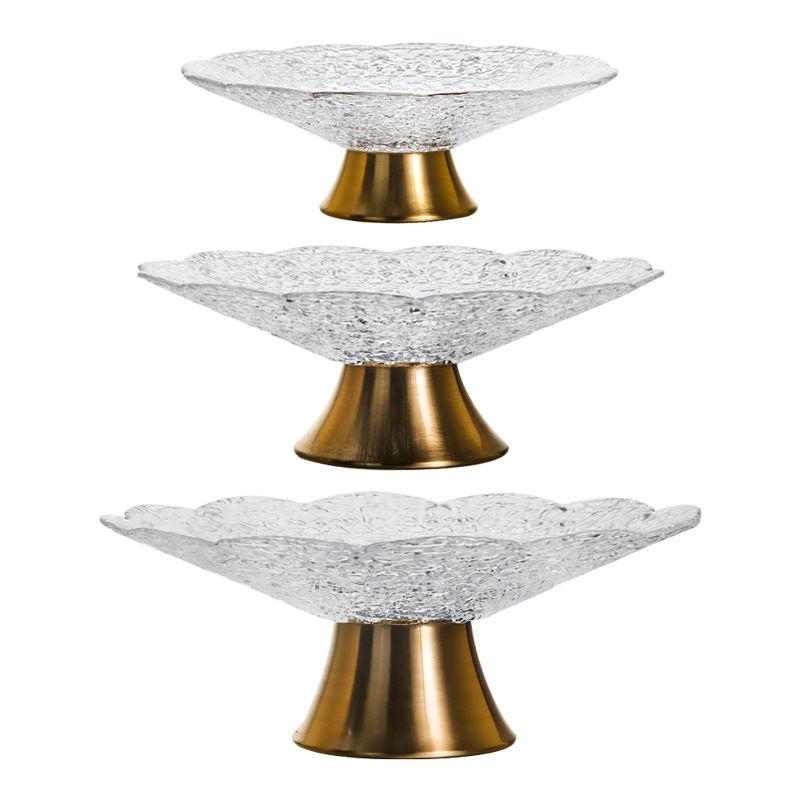 Light luxury high-legged glass fruit plate, brass base fruit plate, storage ornaments, ice pattern tableware storage 1PC