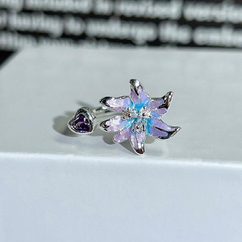 Dopamine Colorful Enamel Flower Butterfly Open Ring Mori Sweet Girly Style Inlaid Zircon Niche Light‑Luxury Adjustable Stackable Decorative Ring