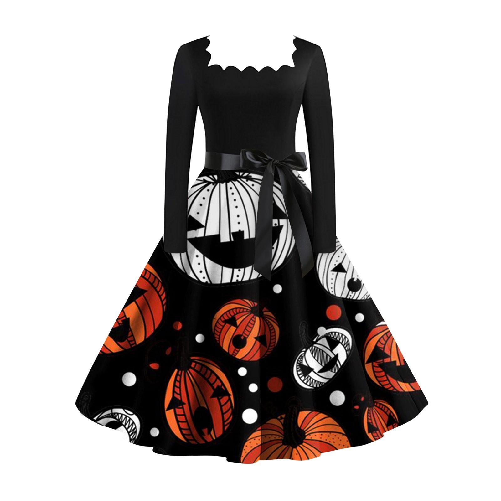 Женское повседневное модное винтажное платье с длинным рукавом и принтом на Хэллоуин — фото 7