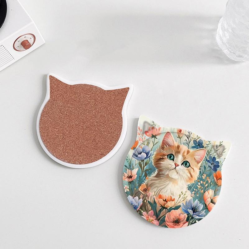 Cat Ceramic Coasters Cork Bottom Coffee Coaster Non-Slip Durable Heat Insulation Mats Home and Decoration Kitchen Utensils