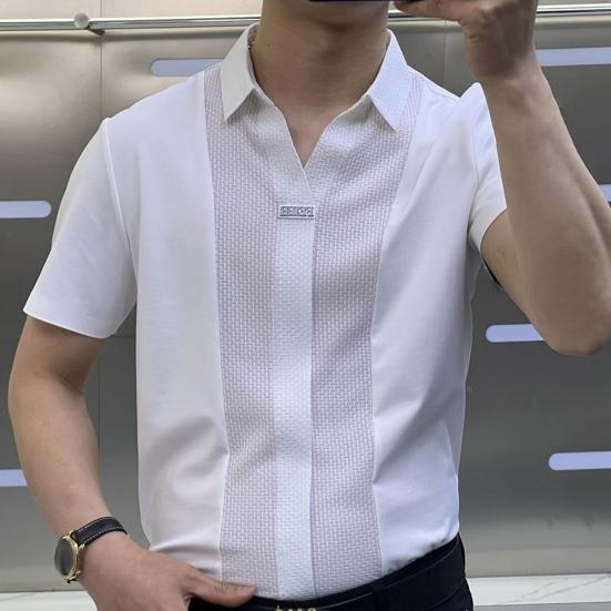 Pánská letní košile s odkládacím límcem, slim fit, formální, obchodní styl, barevně sladěné, krátké rukávy, prodyšná, měkká, ležérní, kancelářský, společenský, pánský top