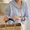 Women's Striped Button Down Shirts Drawstring Hooded Long Sleeve Cardigan Summer Sun