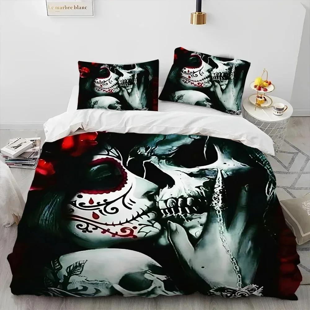 Hor Gothic Weiblich Totenkopf Totes Mädchen Bettwäsche Set 3D Gedruckt Geeignet für Schlafzimmer Weich mit Weichem Stoff Bettbezug Set Mit Kissenbezügen Heimtextilien