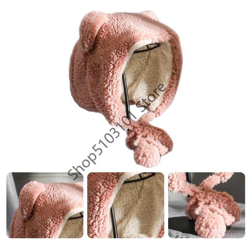 X6HE Winter Beanie Hat for Women Warm Thicken Faux Fleece Plush Hat Bear Ears Outdoor Skull Earflap Trapper Cap