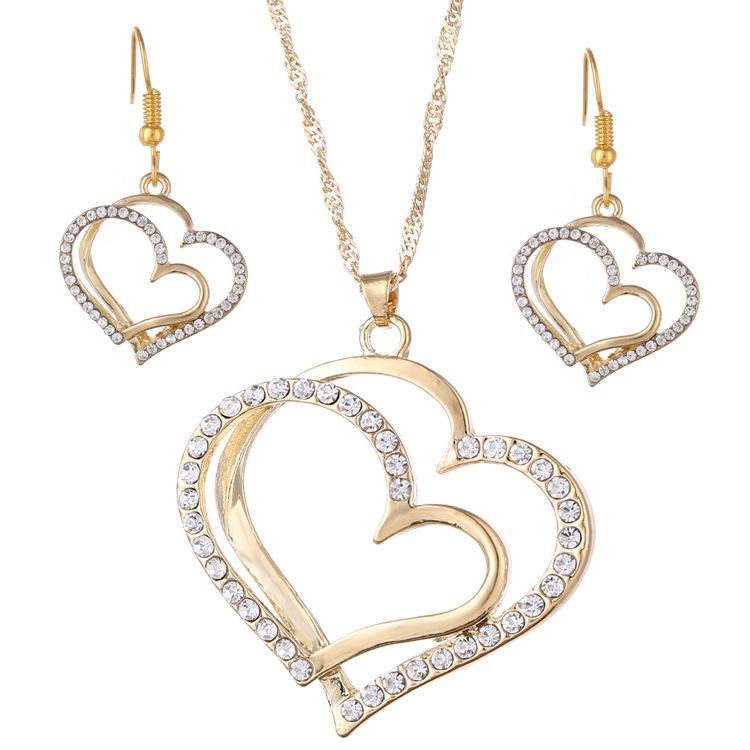 3Pcs/Set Heart Shaped Jewelry Set Of Earrings Pendant Necklace For Women Party Exquisite Fashion Rhinestone Double Heart Peach Heart Jewelry Set