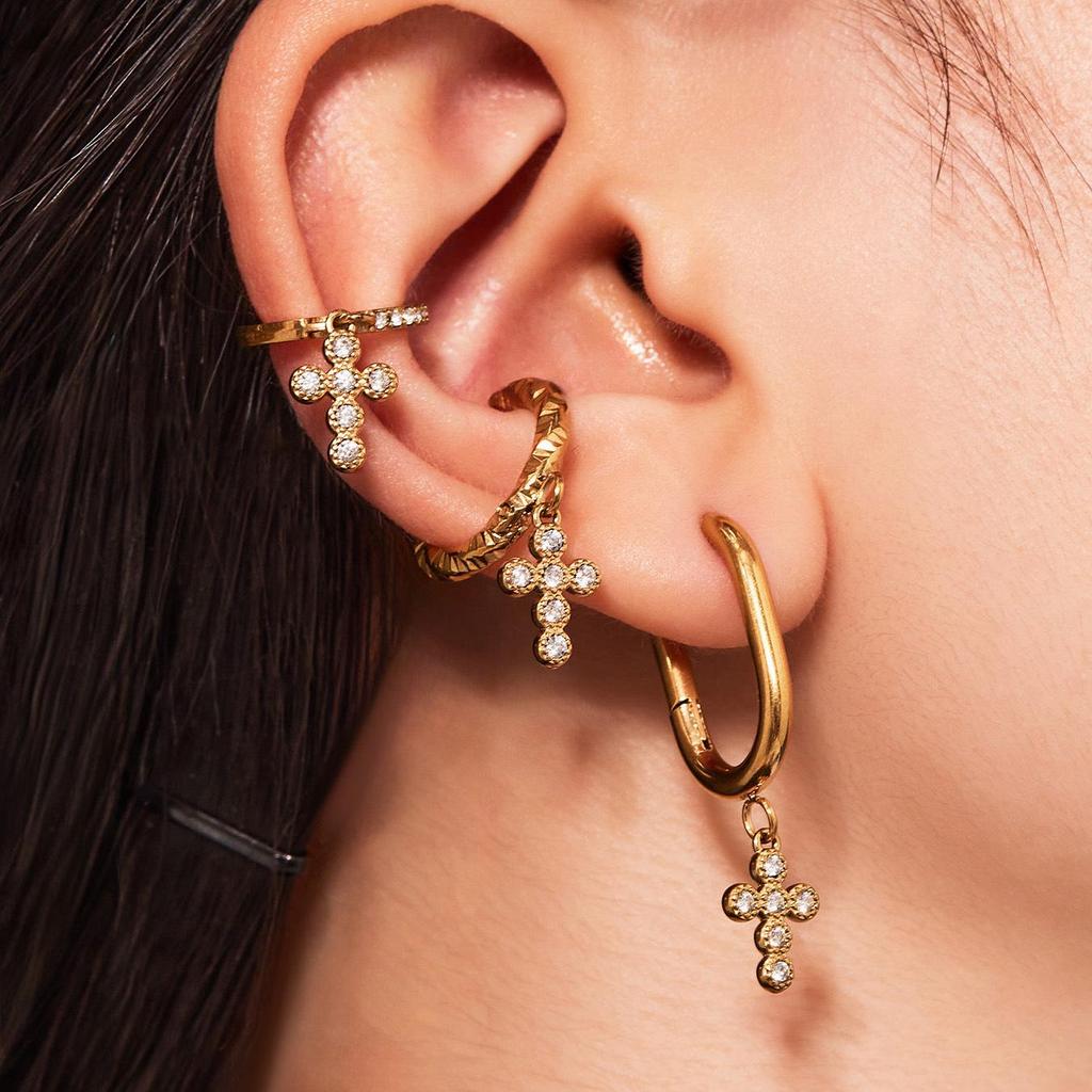 18k Gold-Plated Stainless Steel Zircon Cross Earrings – Minimalist Luxury Style