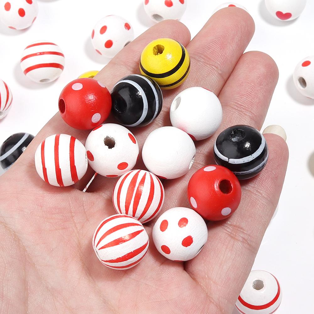 20Pcs 16mm Natural Wood Beads Colorful Stripe Heart Printing Large Hole Round Beads DIY Craft Bracelet Kid's Toy Accessories