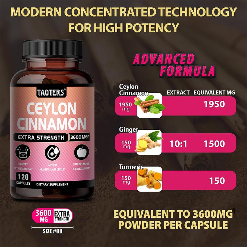 Taoters Ceylon Cinnamon Turmeric Complex Capsules Support Blood Glucose and Metabolic Health 120 Capsules
