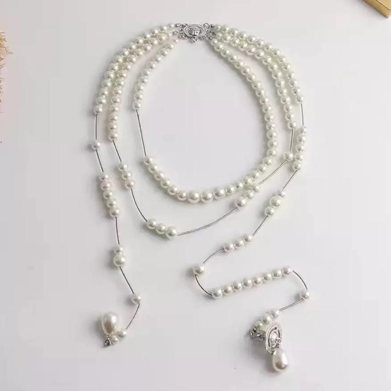 Асимметричное трехслойное жемчужное ожерелье-цепочка для свитера Женское во французском стиле многослойное высококлассное ожерелье на ключицу серебряный