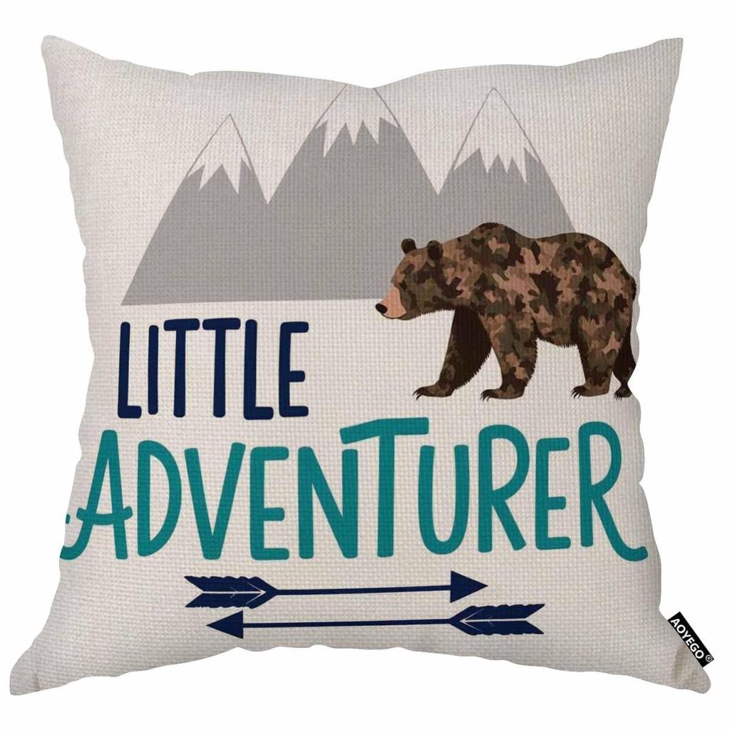 Little Adventurer Pillow Cover Bear Mountain Cushion Case Kids Room Nursery Decor Outdoor Theme Gift