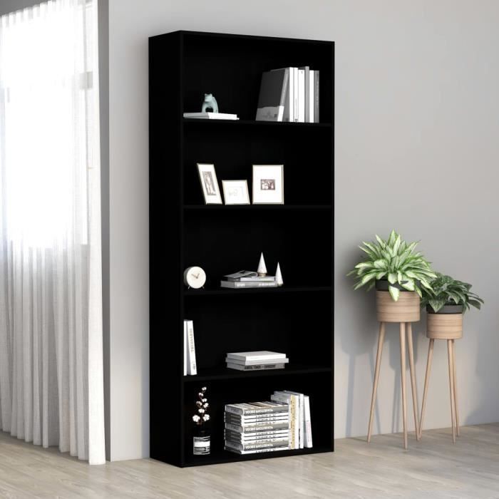 Bibliothèque - VIDAXL - 801027 - 5 étagères - Bois d'ingénierie - Noir mat