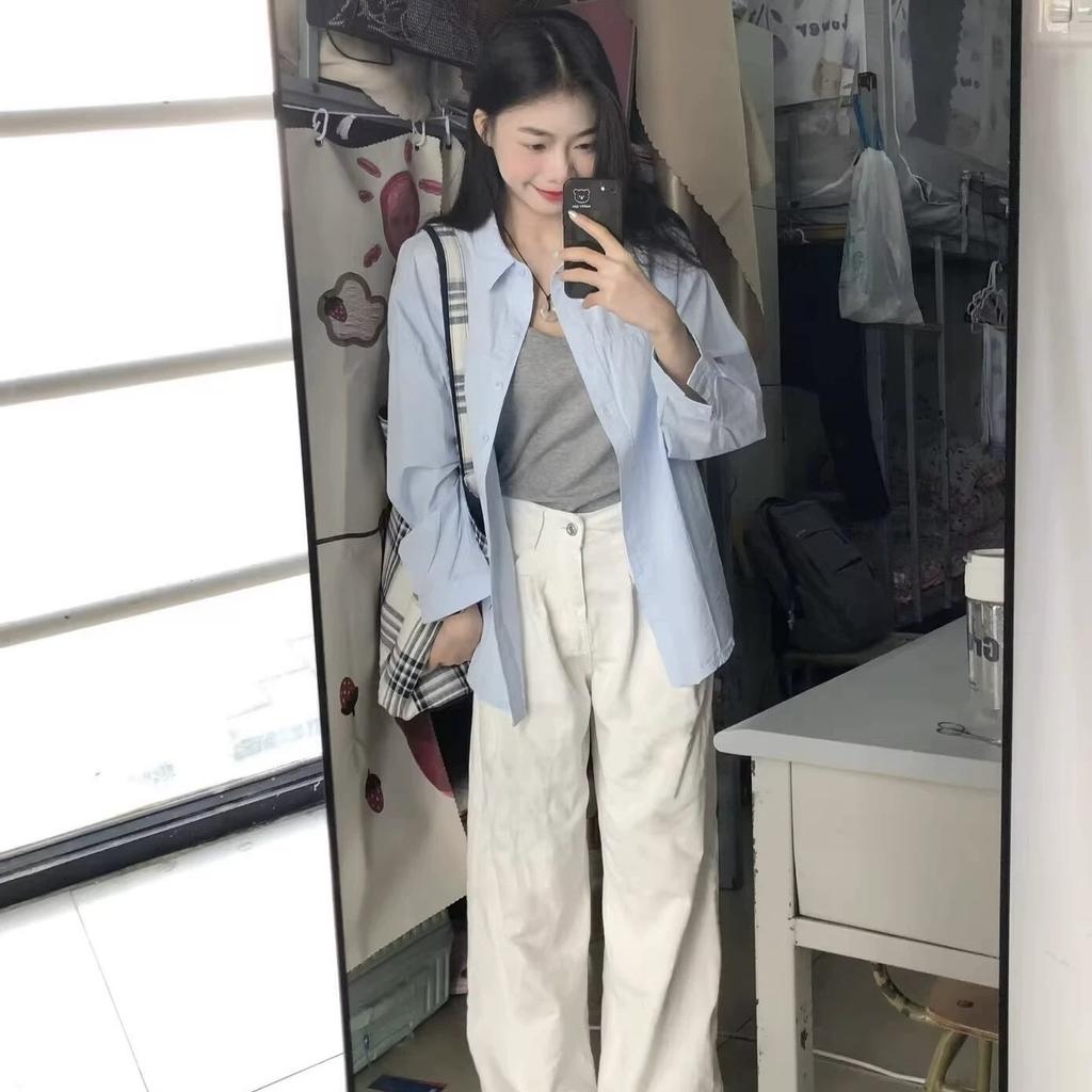 Korean Blue Thin Sun Protection Shirt for Women, Loose Relaxed Casual Top for Spring and Summer, Polo Collar Versatile Long-Sleeve Shirt