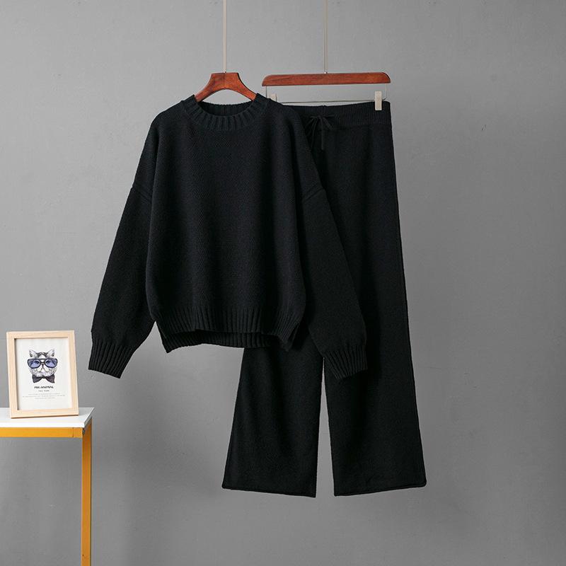 Ladies' Early Autumn New Sweater Fashion Two-piece Set Shoulder Long Sleeve Pullover + Straight Wide Leg Pants Combination
