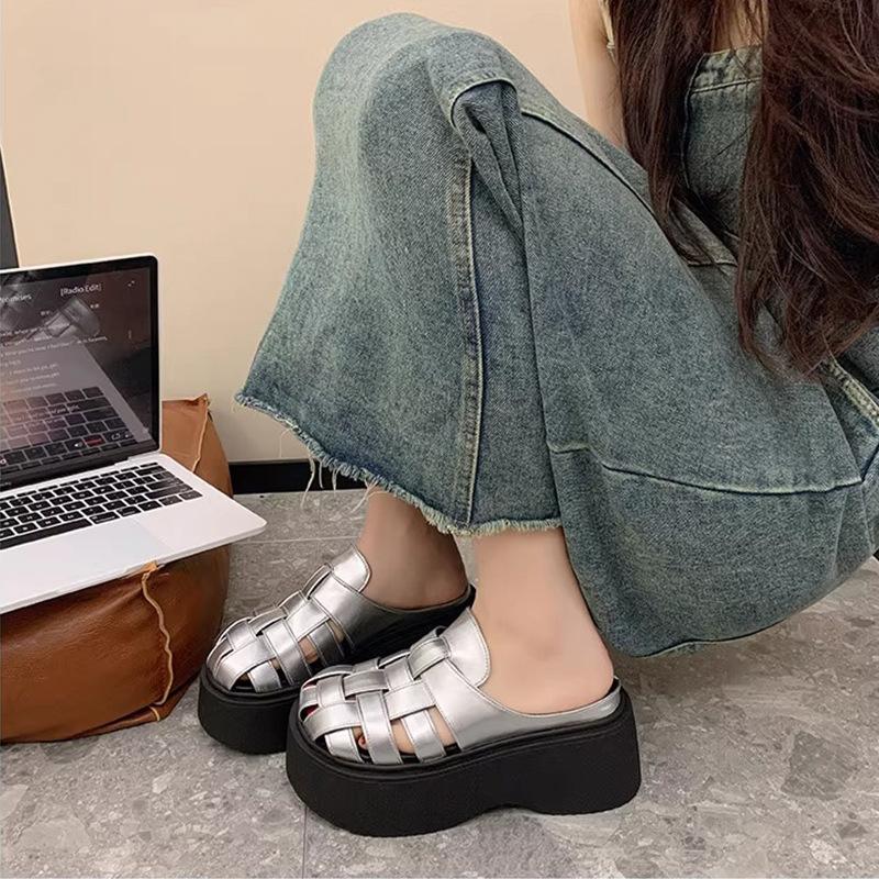 Fashion European Goods Heightening Woven Bag Head Half Slippers Women's Outer Wear 2025 New Small Thick-bottomed Beach Cool Slippers