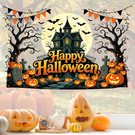 Easy Apply Halloween Decals Happy Wall Stickers, Moonlit Castle Pumpkin Clings, Waterproof Retro Stickers Haunted House for Home Living Room