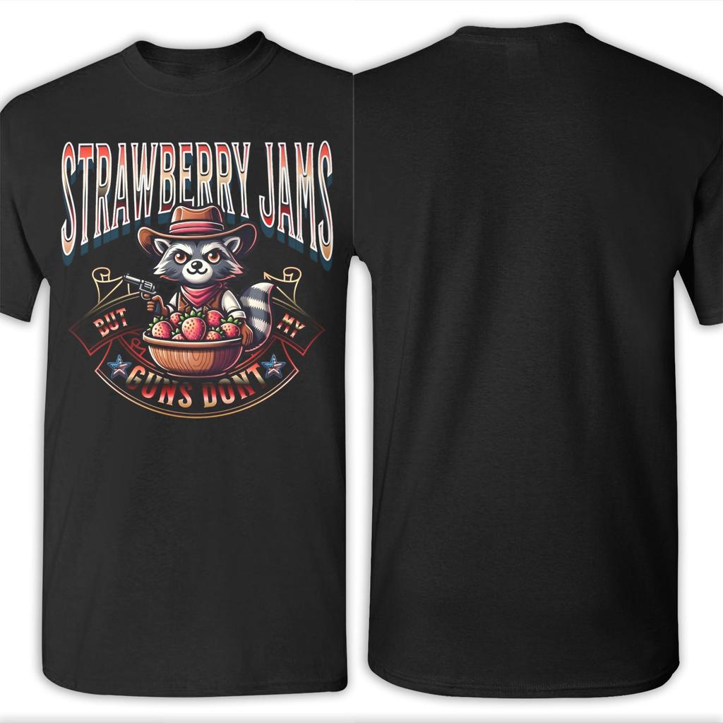 Men Women Strawberry Jams But My Gun Don't Raccoon T Shirt Pure Cotton Graphic Printed Tee Shirts  Clothing Outfits