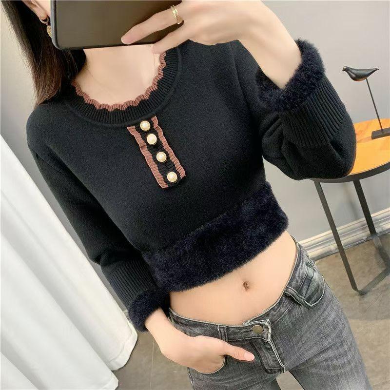 Round Neck All One Velvet Autumn Winter Slim Warm Top Thickened Knitted Sweater for Women