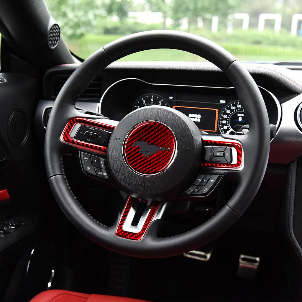 

4pcs Real Soft Carbon Fiber Car Steering Wheel Stickers Interior Trim Decoration Sticker Decal For Ford Mustang 2015-2025 красный
