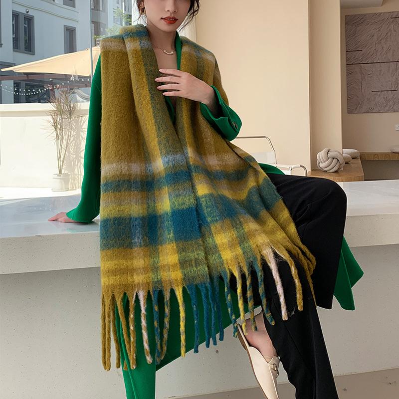 Winter New Scarf Women's Winter Thickened Warm Scarf Colored Plaid Fringed Scarf Shawl Fashionable Outer Cover