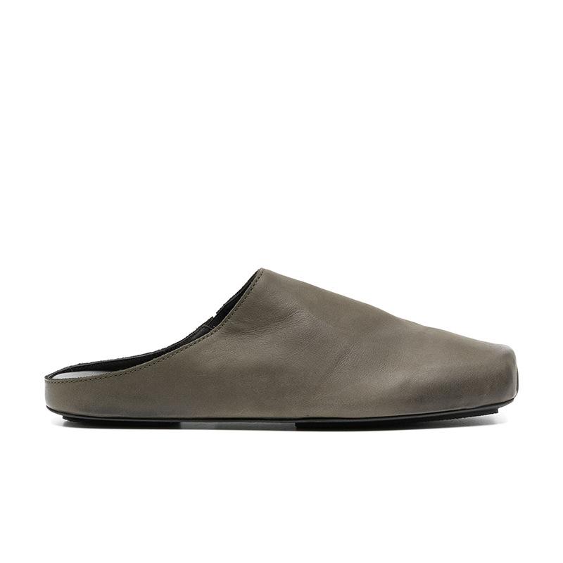 Leather Retro Niche Pig Nose Bag Head Half Slippers Women's Summer and Autumn New Square Head Flat Bottom Washed Cool Slippers