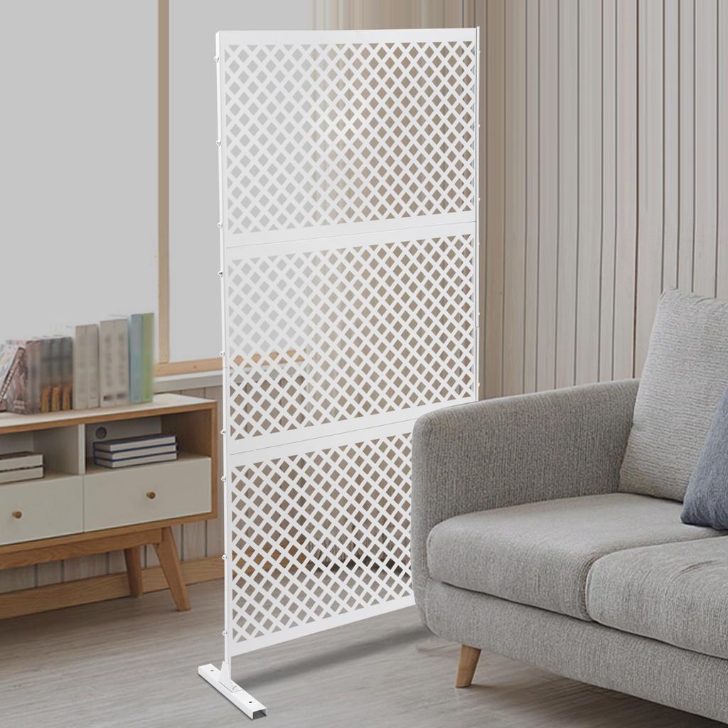 Elegant White Steel Privacy Screen with Diamond Pattern, Freestanding Room Divider - 3 Panels, Laser-Cut Design, 74.8in Height
