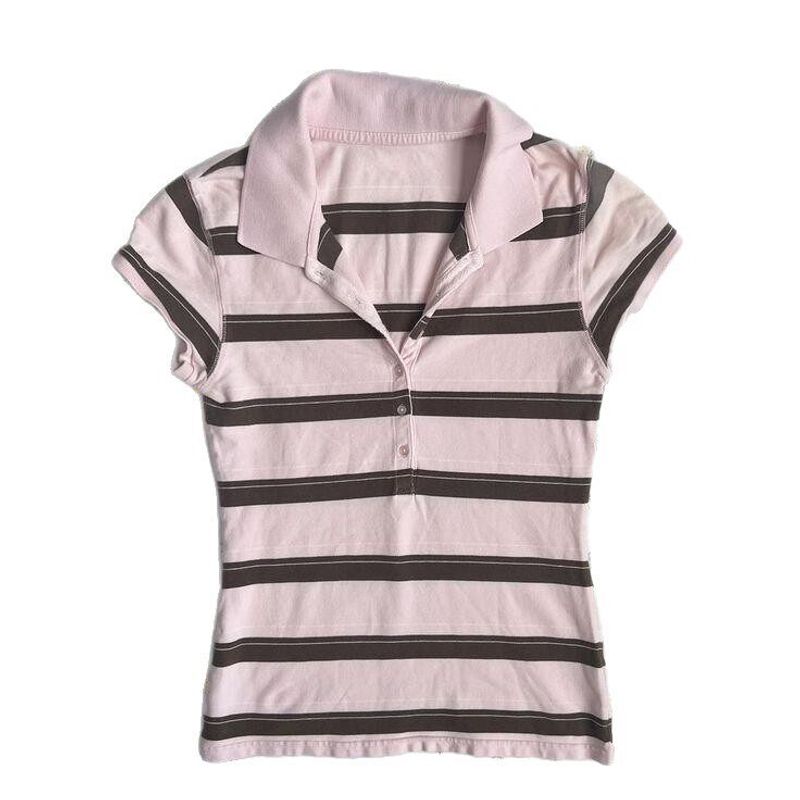 

2025 Summer New European and American Style Pink Striped Polo Versatile Casual Loose Short-Sleeved T-Shirt for Women Pink S