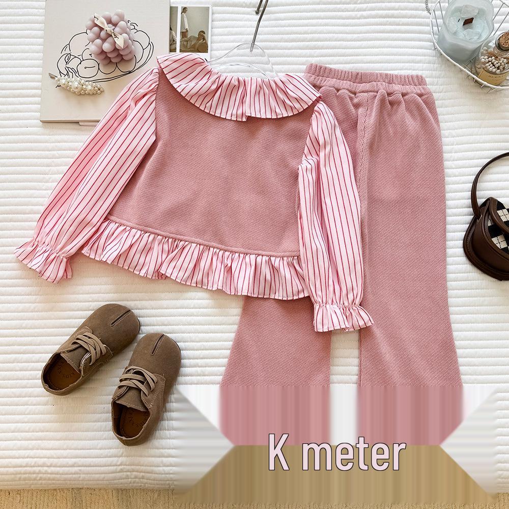Girls' Autumn 2026 Trendy Patchwork Top and Striped Flare Pants Two-Piece Set