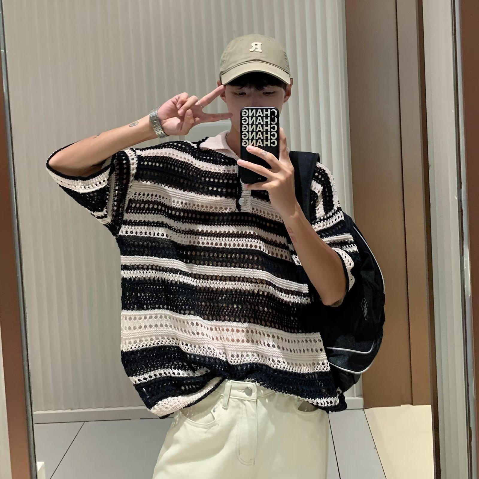 

Свитер с вырезами и цветной строчкой, мужской дизайн с коротким рукавом, полосатый вязаный свитер, американский ретро-тренд поло 2XL чёрный