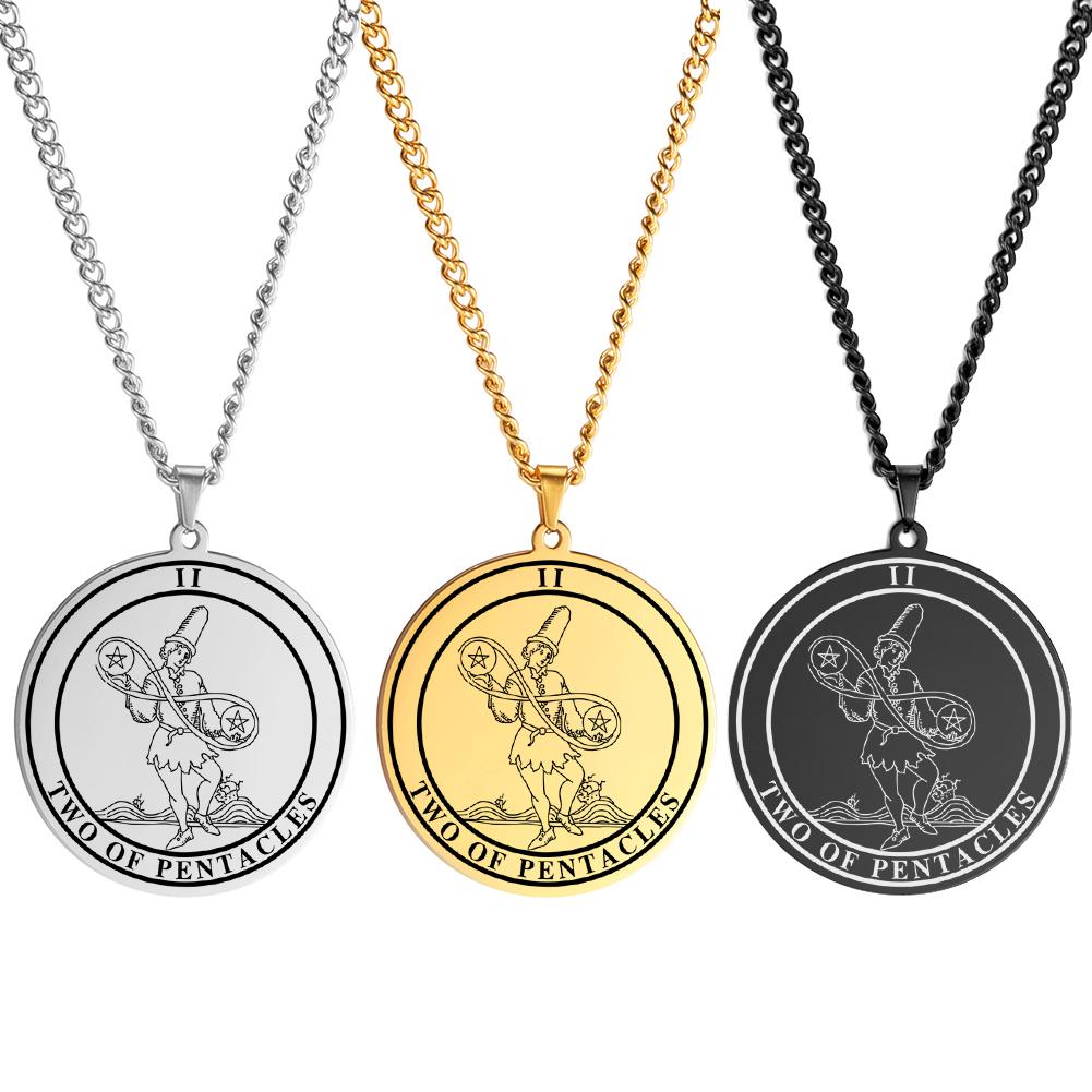 LIKGREAT Spiritual Tarot Necklace for Men and Women Pentacles Pendants Necklaces Vintage Round Stainless Steel Jewelry Gift