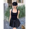 2026 Spring/Summer Women's High Waist Fluffy Short Skirt Patchwork Knit Vest Dress