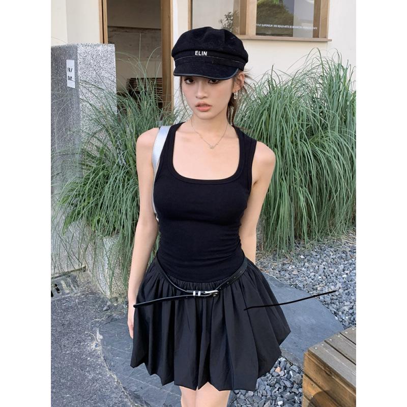2026 Spring/Summer Women's High Waist Fluffy Short Skirt Patchwork Knit Vest Dress