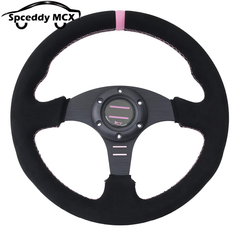 Spceddy MCX Pink Suede Steering Wheel 13inch 330mm 14inch 350mm Flat Racing Sport Real Leather Steering Wheel Universal 13inch Suede