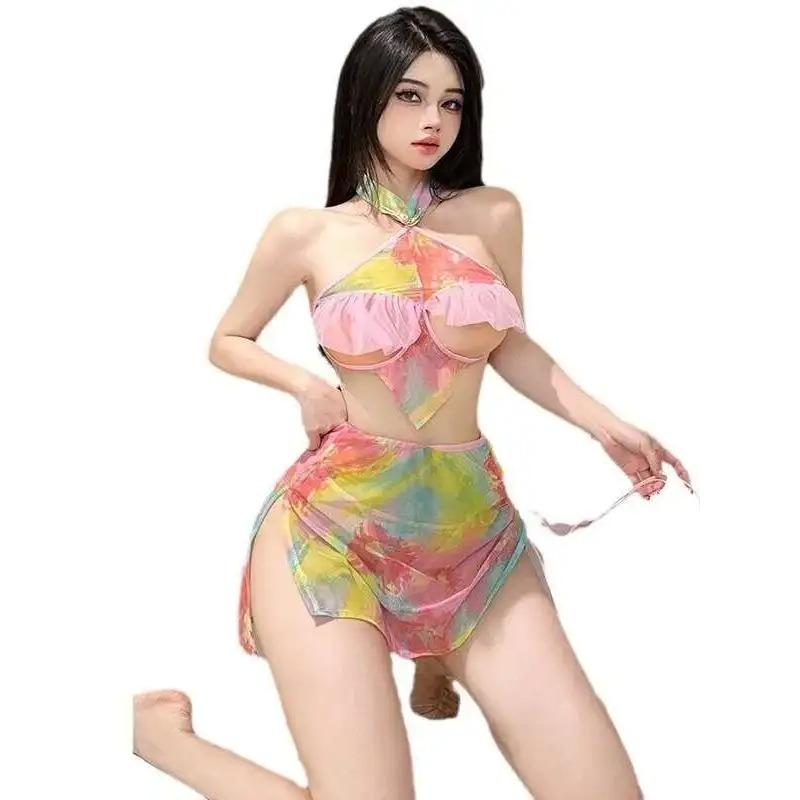 Color Sweet Tank Mini Dress Sexy Women New Backless Cheongsam Uniform Temptation Sheer Print Dress Elegant 2025 New Tops DE58