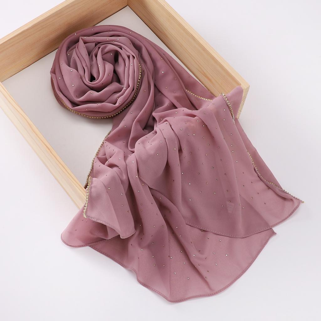 Rhinestone Edge Chiffon Hijab Elegant Thin Breathable Sunscreen Head Wrap Casual Outdoor Decoration Bandana Gift