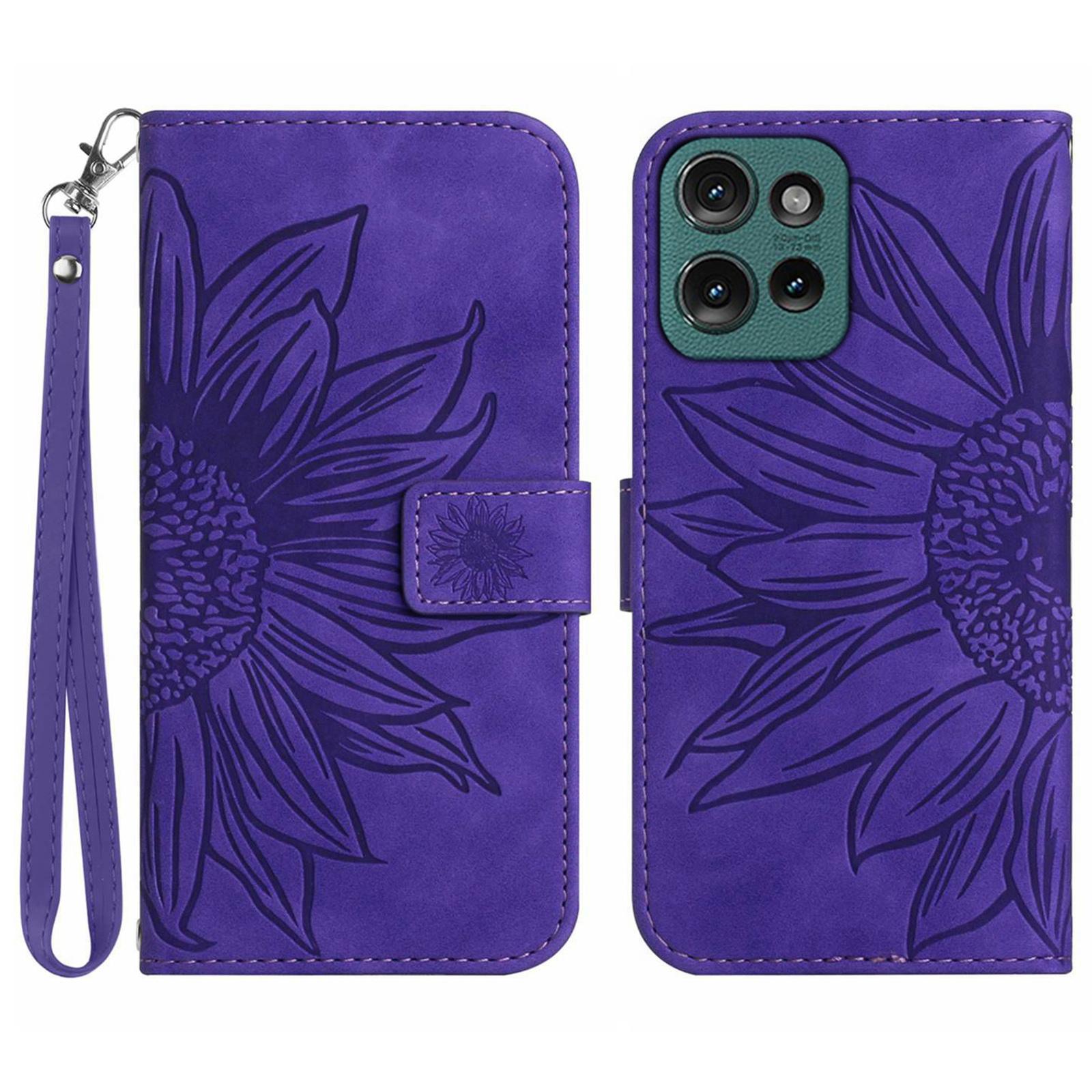 

HT04 For Motorola Moto G75 5G Case Sunflower Imprint Leather Wallet Phone Cover with Wrist Strap Dark Purple