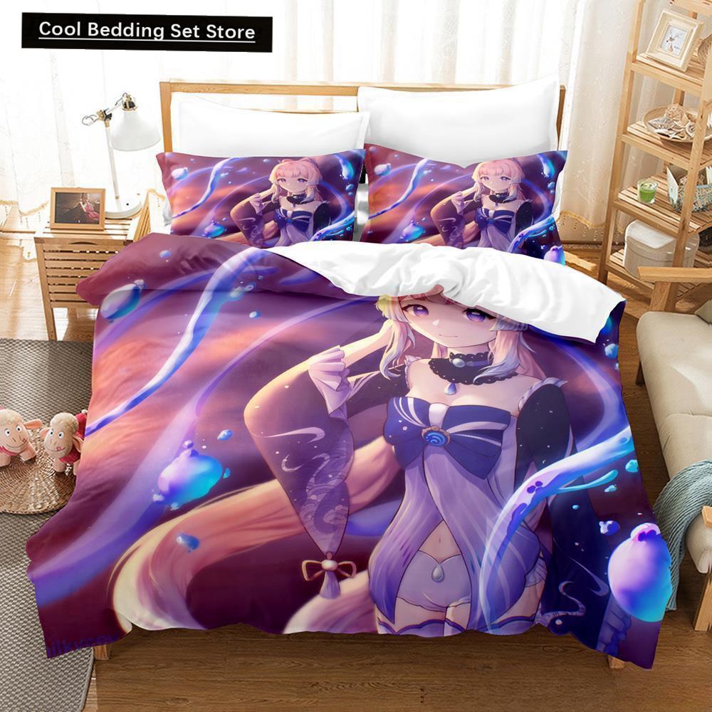 Genshin Impact Sangonomiya Kokomi Bedding Set Cartoon Anime Three-piece Set Adult Kid Bedroom Duvet Cover Sets 3D Kawaii Girls